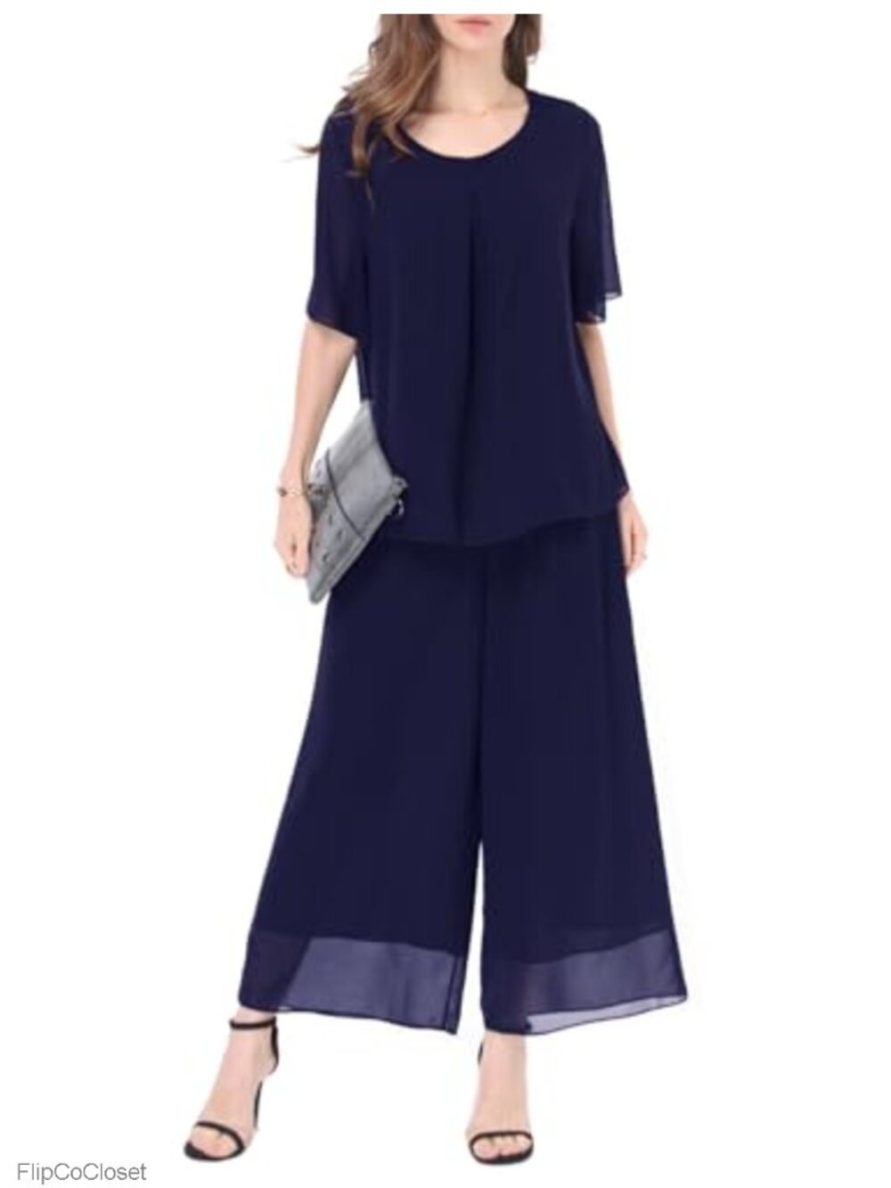 Women's 2 Piece Chiffon Pantsuit Set Loose Blouse Wide Leg Pants Summer Wedding
